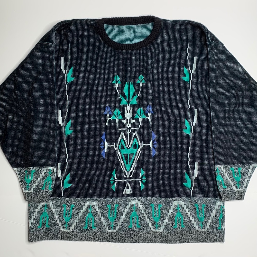Vintage 80s Black Floral Oversized Knit Sweater XL